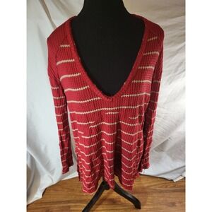 Free People Red & Gray Sunset Park Oversized Thermal Top Hi Low Size XS
